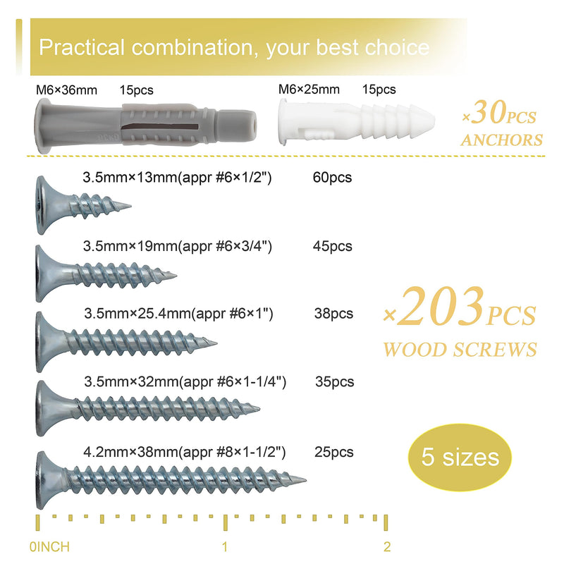 [Australia - AusPower] - High Hardness Wood Screws Assortment Kit and Plastic Wall Anchors, 203 pcs 1/2" to 1-1/2" Phillips Drive Flat Head Screws & 30 pcs M6 Drywall Anchors Screws and Anchors 
