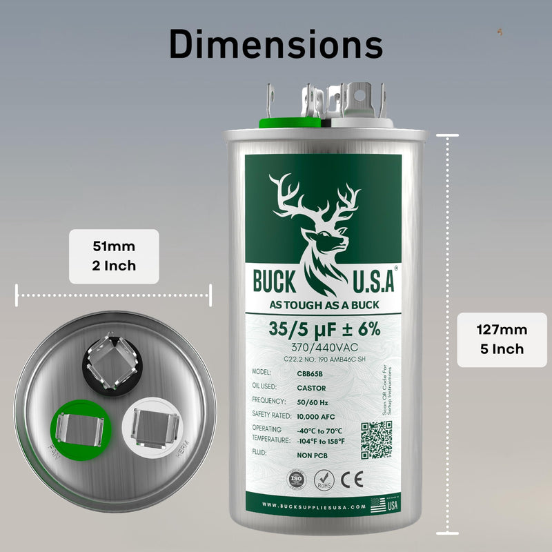 Buck 35+5uF 35/5 MFD ±6% CBB65B Dual Run Round Start Capacitor - Ideal for HVAC Systems, Air Conditioner Unit Fan Motor Start, Heat Pump, & Condenser Straight Cool Applications 370/440VAC 50/60Hz 35+5 µF 1.0
