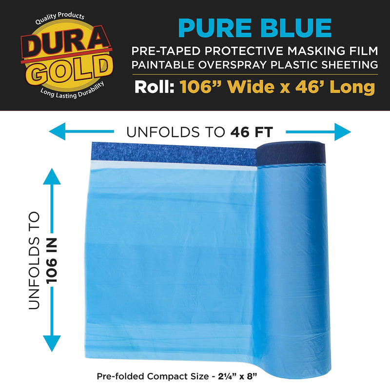 Dura-Gold 106" Wide x 46' Long Roll of Pure Blue Pre-Taped Masking Film, 0.4 Mil Pre-Folded Overspray Paintable Plastic Protective Sheeting, Pull Down Drop Sheet - Auto Painting, Cover Walls Furniture