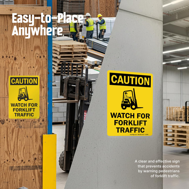 "Caution - Watch For Forklift Traffic" Sign By SmartSign | 10" x 14" Aluminum Yellow