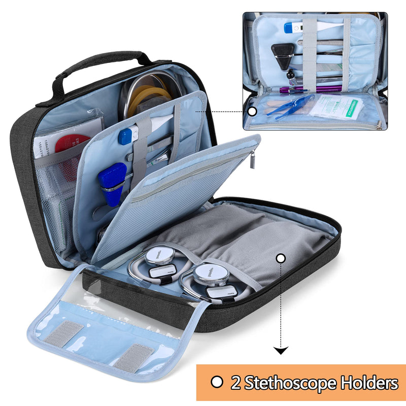 [Australia - AusPower] - Damero Carrying Case for 2 Stethoscopes, Portable Stethoscope Case Compatible with 3M Littmann/ADC/Omron Stethoscope, BP Cuffs and Other Accessories, Black 