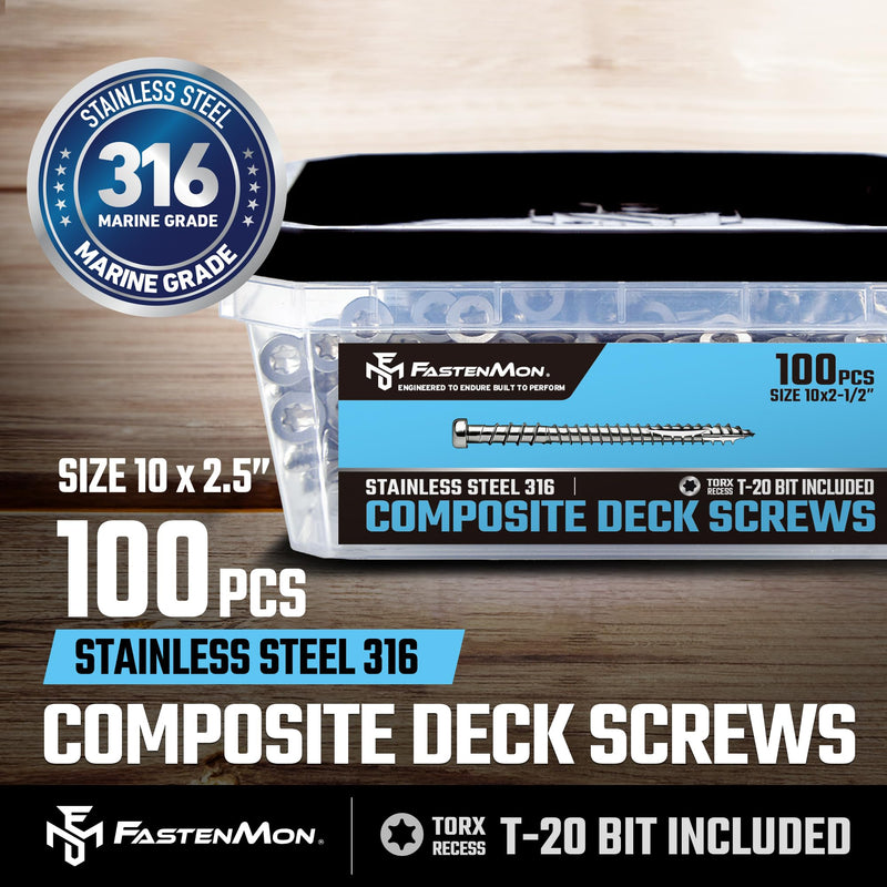 Composite Deck Screws, 316 Stainless Steel, #10 x 2-1/2", 100PCS - for PVC & Composite Decking, Flush Finish Cap Head, Reverse Thread, T20 Star Drive, Bit Included, Natural #10 x 2-1/2" 100