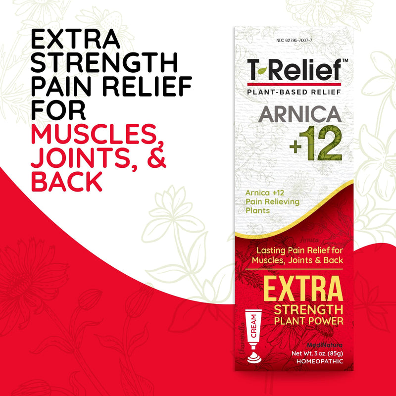 MediNatura T-Relief Extra Strength Cream Arnica +12 Natural Relieving Actives for Back Pain Joint Soreness Muscle Aches & Stiffness, Whole Body Fast Acting Relief for Women & Men - 3 oz (2 Pack) 3 Ounce (Pack of 2)