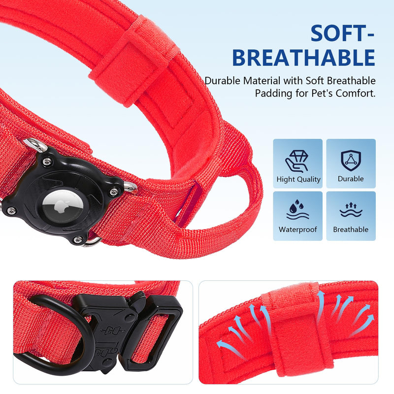 Waterproof AirTag Dog Collar with QR Code ID Tag, Tactical Military Dog Collar with Built-in AirTag Holder, Heavy Duty Metal Buckle & Control Handle, GPS Tracker Collar for Large Dogs (Red, XL) Red XL (20"-23")