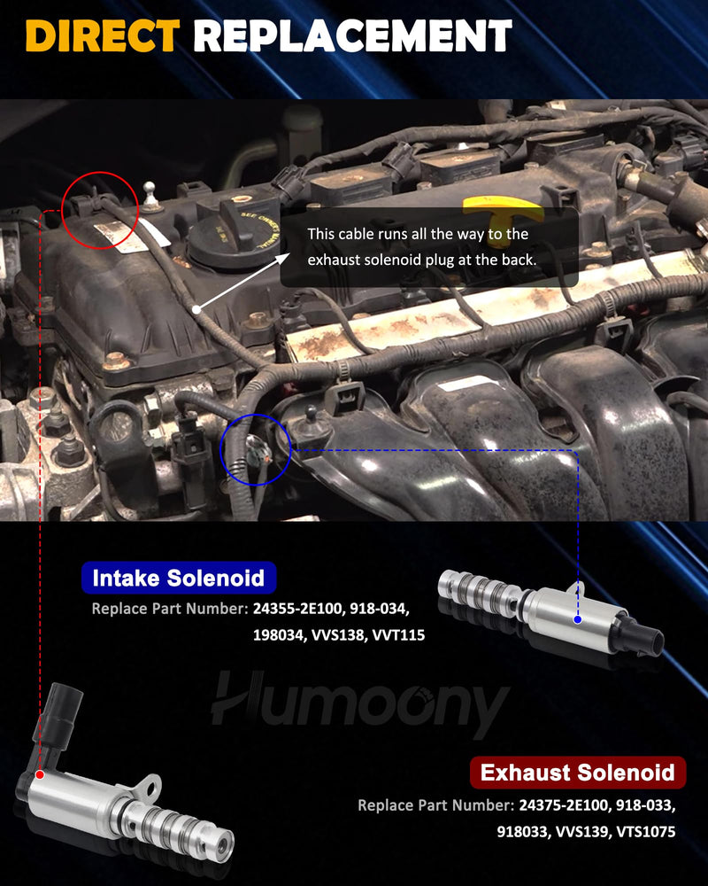 Intake & Exhaust Engine Variable Valve Timing (VVT) Solenoid Compatible with Hyundai Elantra Kona Sonata Tucson Kia Soul Optima Forte Koup Seltos Forte5 L4 1.8L 2.0L Oil Control Valve 918-033 918-034