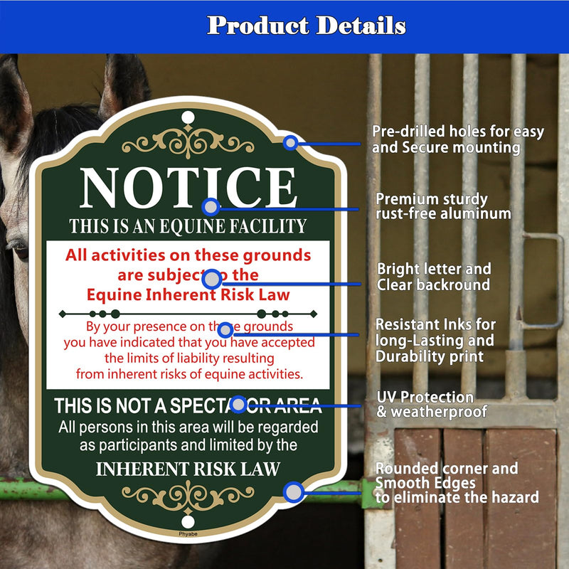 Equine Liability Sign, Statute Horse Barn Stable Farm - 2 Pack, 10 x 14 inch Metal Rust Free Aluminum Farm Sign, Weather Resistant, Waterproof, Durable Ink, Easy to Install