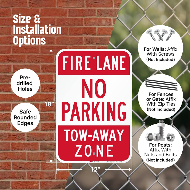 SmartSign-T1-1063-EG "Fire Lane - No Parking, Tow-Away Zone" Sign | 12" x 18" 3M Engineer Grade Reflective Aluminum , Red on White