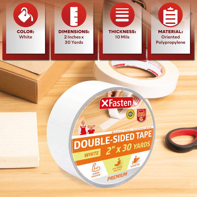 XFasten Double Sided Tape, White, Removable and Residue-Free, 2-Inch x 30 Yards, Surface Safe Two-Sided Sticky Adhesive Tape for Wall, Floor, Clothes, Rug, Fabric, Crafts and Scrapbooking 2-Inch by 30-Yards