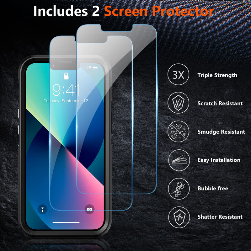 [Australia - AusPower] - SPIDERCASE Designed for iPhone 13 Case/iPhone 14 Case, [10 FT Military Grade Drop Protection] [with 2 pcs Tempered Glass Screen Protector] Cover for iPhone 13 & 14 6.1 inch (Black) Black 