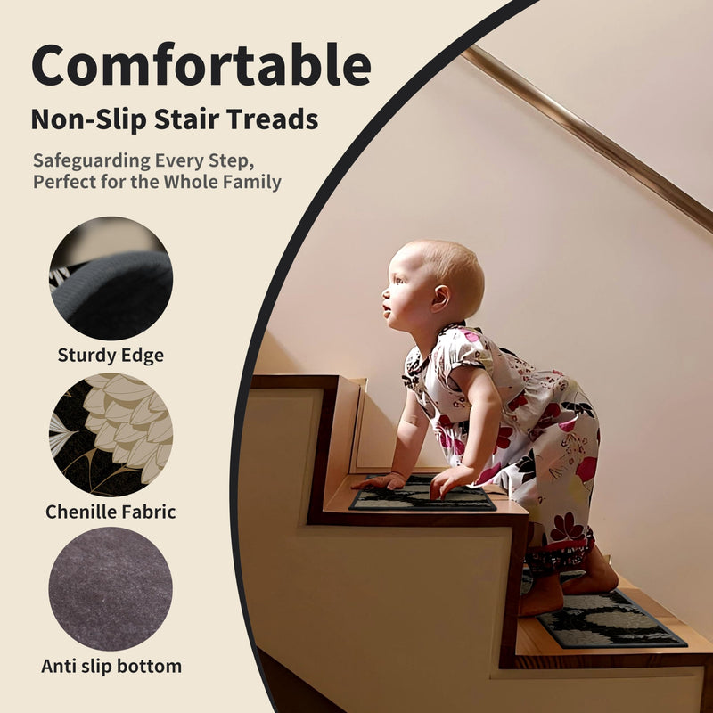 Non-Slip Carpet Stair Treads 4PCS, 8"x30" Peel and Stick Stair Runner for Wooden Steps Indoor, Washable Reusable Adhesive Backing, Pet-Friendly Safety Mats for Kids, Elders, Dogs 8inch x 30inch Black | Beige 4