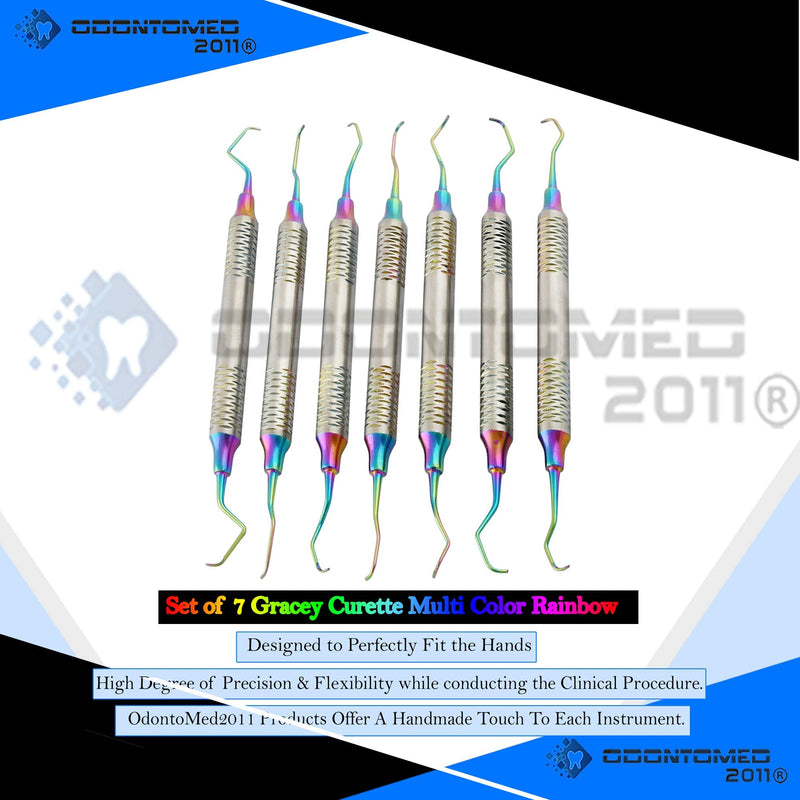 [Australia - AusPower] - OdontoMed2011 Set of 7 Gracey Periodontal Curettes 1/2-13/14 Double Ended Hollow Handle Multi Rainbow Color Tips Dental Instruments Protective Packing DN-2276 