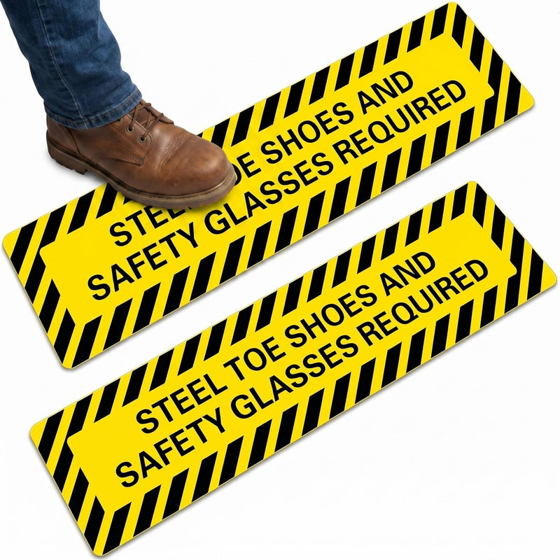 Watersay 2 Pack Steel Toe Shoes and Safety Glasses Required Floor Decals, 6 x 24 Inches Frosted Non Slip Safety Signs, Industrial Workplace PPE Warning Stickers