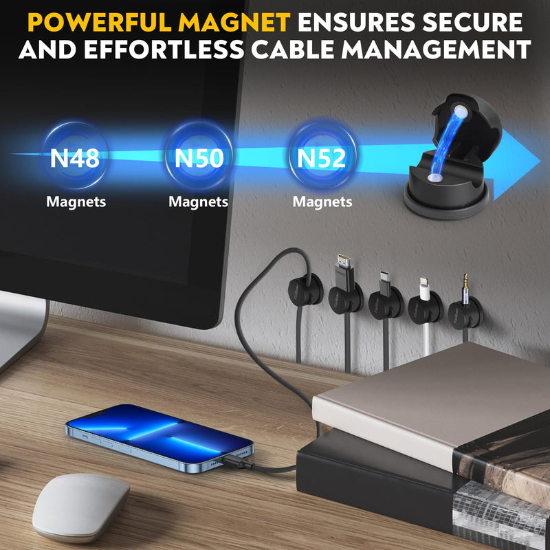 [Australia - AusPower] - 8 Pack Magnetic Cable Management Clips - Ideal Cord Holder for Nightstand, Desk, Charger Holder - Phone Cord Holder w/360 Rotation 