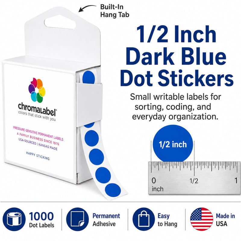 ChromaLabel Blue Dot Stickers, 1/2 Inch Round Color Coding Labels, 1000 Small Dark Blue Sticker Dots in Dispenser Box for Inventory, Office, Classroom, Warehouse, Files and Charts 1/2"