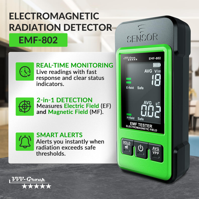 [Australia - AusPower] - EMF Detector EMF-802 by VVV-Group | Electromagnetic Radiation Meter with Electric & Magnetic Field Detection, Peak/Average Modes, LCD Alarm | EMF Reader for Home, Office, RF Safety 