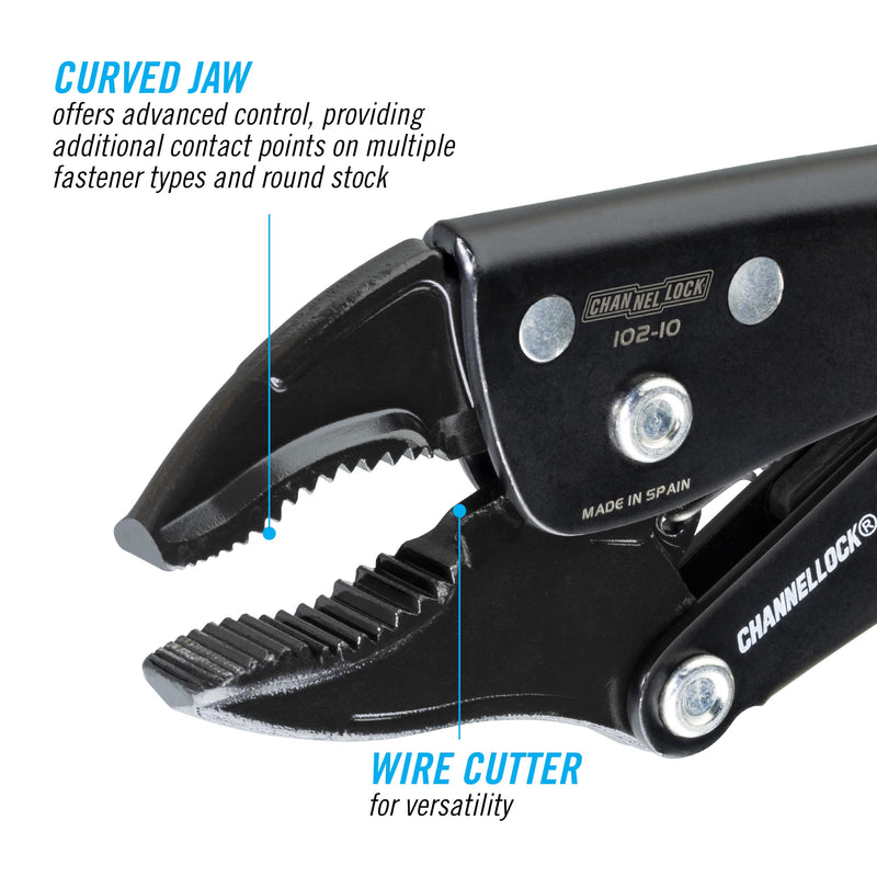 Channellock Locking Pliers 102-10 - Curved Jaw, Wire Cutter, Epoxy Resin Coating, Forged Steel - 10 In 10" Curved Jaw Locking Pliers w/ Wire Cutter