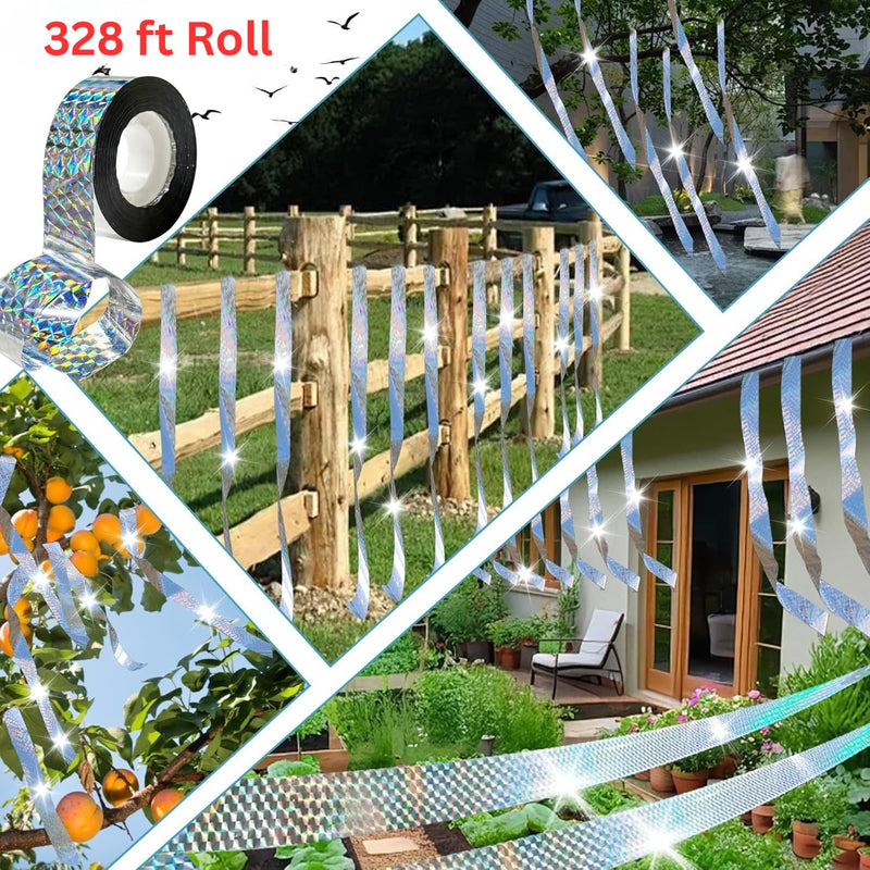 Bird Scare Reflective Tape, 328 ft Roll, Double-Sided Flash Tape for Sparrows and Woodpeckers, Outdoor Bird Deterrent for Gardens, Farms, Orchards, Homes