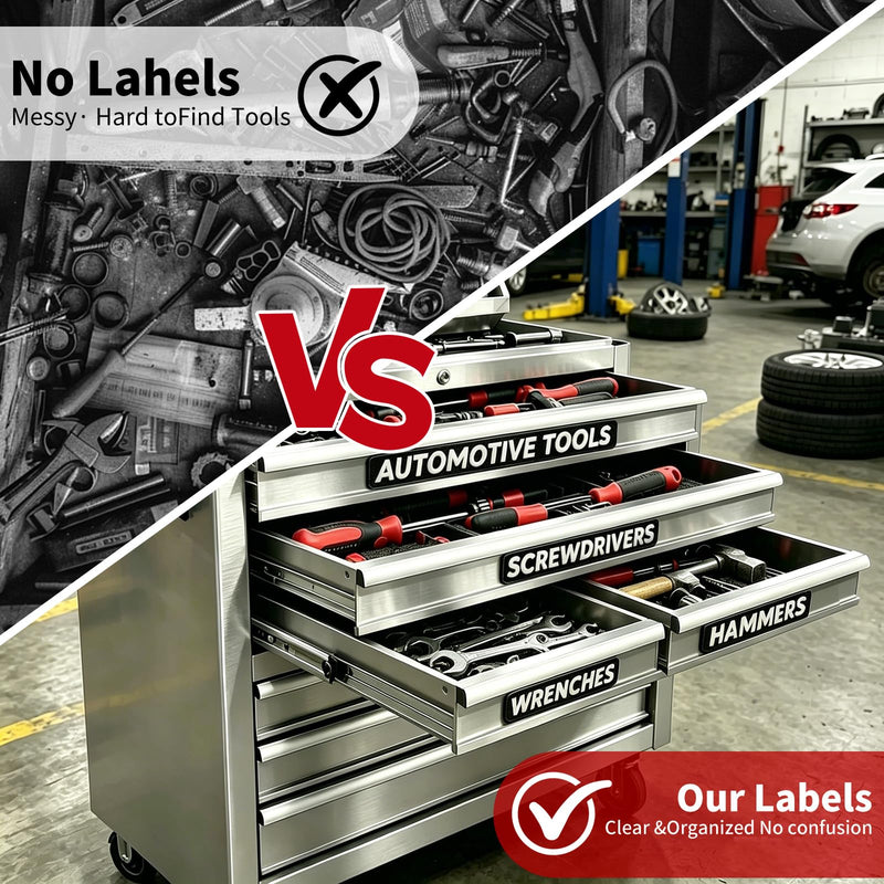 Magnetic Toolbox Labels: 28 Strong Magnets + 80 Premium Adhesive Pads. 3D for Steel/Wooden Toolboxes, Garage Organization (Black)