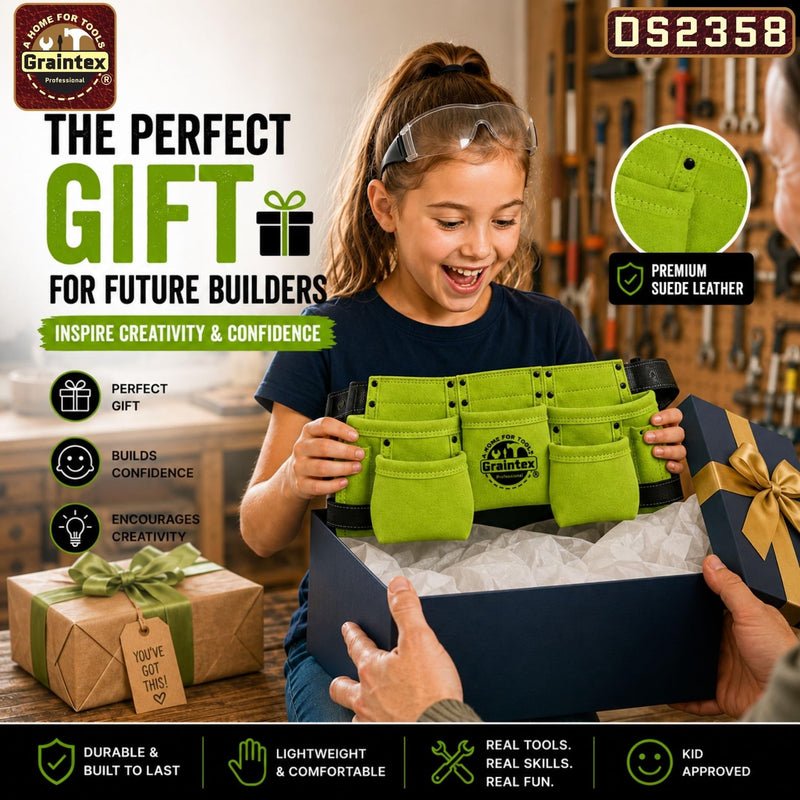 Graintex DS2358 :: 9 Pocket Children Tool Belt Lime Green Color Suede Leather, Kids Real Tool Belt, Boys and Girls Tool Apron for Home Improvement, 1.1/2" Leather Belt, Hammer Loops 9 Pockets