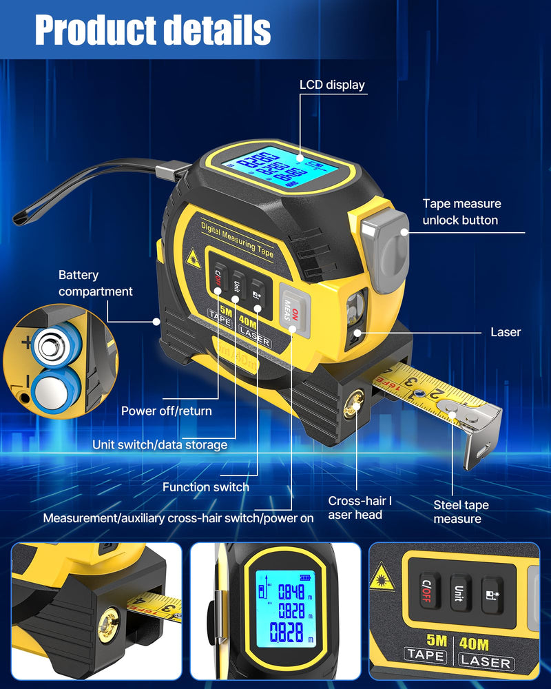 CRILEAL The Ruler 3-in-1 Measuring Tape, Tools Tape Measure, 3-in-1 Rangefinder with Led Display, 3 in 1 Digital Tape Measure with Cross Line, AutoLock, Measure Area, Volume, Pythagorean (Yellow)