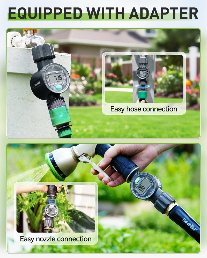 [Australia - AusPower] - RAINPOINT Water Flow Meter, ±5% Accuracy, Measure Consumption and Flow Rate up to 9999.9 Gallon/Liter, Water Meter for RV, Garden Hose, Pool, Lawn Sprinkler & Nozzle Sprayer Plastic 