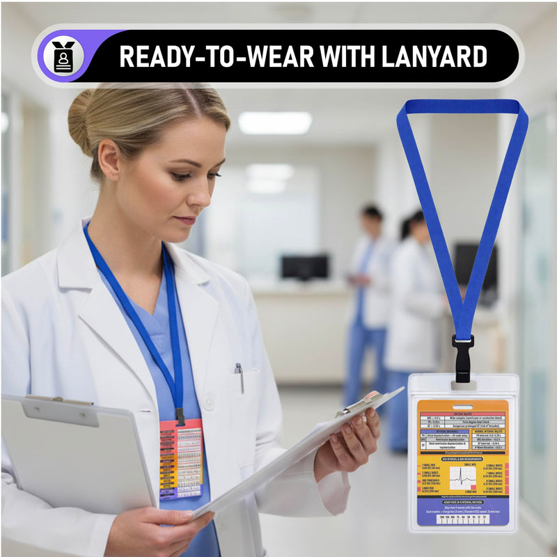 EKG Rhythm Interpretation Badge Card - Rhythm Strips & Shockable Guide | Dual Sided Interval Values & R to R Rate Scale for Nursing Telemetry Students | Included Lanyard Badge Holder | 3.54” x 5.12”