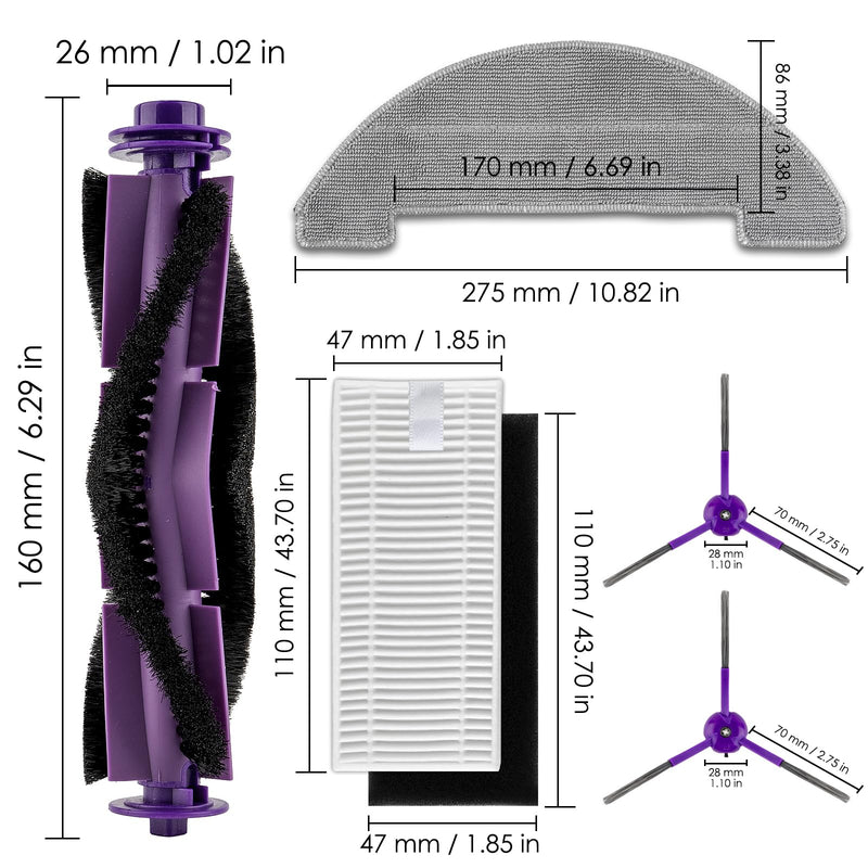(11 Pack) MR1 SE Replacement Parts Compatible with MONSGA MR1 SE Robot Vacuum Cleaner, 1 Roller Brush, 4 Side Brushes, 4 HEPA Filters with Foam Filters, 2 Mop Pads, Accessories Kit