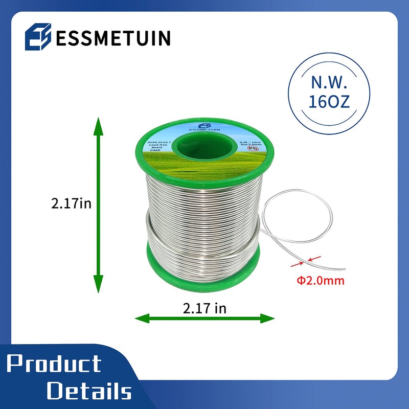 Essmetuin Lead-Free Solder Wire(Sn99.3Cu0.7) For Plumbing Solder/Stained Glass/Crafts/Jewelry 217℃ Melting Point 2.0MM No Flux,ROHS(16oz) 16.0 ounces