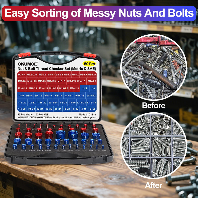 [Australia - AusPower] - 50Pcs Thread Checker, Bolt Size Finder Nut and Bolt Thread Checker, 23 Metric & 27 SAE Box Set Thread Gauge Size Checker in Narrow Area 