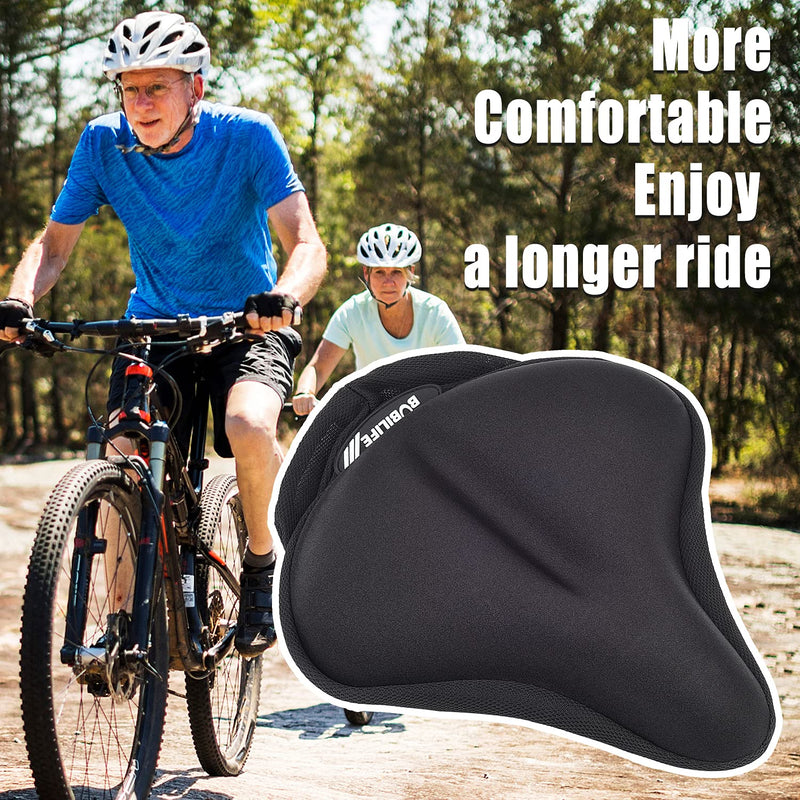 Thick & Wide Gel Bike Seat Cushion Pad with Rainproof Cover - Comfortable Silicone Gel Memory Foam Bicycle Saddle Seat Cushion with UV Protection L ( 10"W x 11"L)