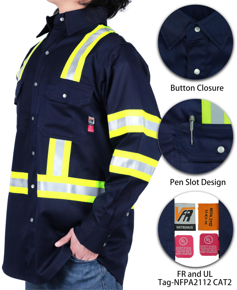 VATRENUS FR Shirt High Visibility Pearl Snaps7.5oz 100% Cotton CAT2 Flame Retardant Hi Vis Reflective Safety Shirt Medium Navy