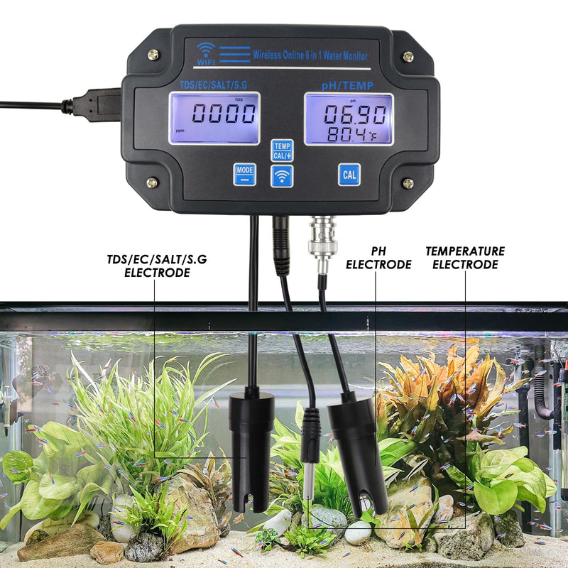[Australia - AusPower] - 6 in1 PH Meter for Water Hydroponics Accuracy Digital PH Tester pH/EC/TDS/Salt/SG/Temperature Meter with Wireless Wi-Fi PH Monitor via Mobile APP for Household Drinking, Pool and Aquarium 