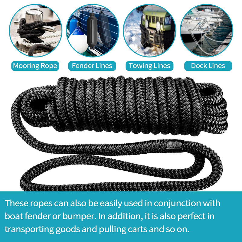 Boat Fender Lines 4 Pack 3/8" x 6FT- Boat Bumper Line Double Braided Nylon Fender Rope with 5" Eyelet Mooring Marine Rope for Boats Line & One End Can Be Spliced with Fenders to Used, Black 4PK-Black