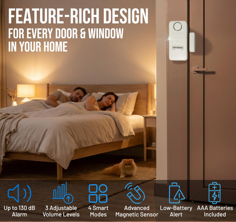 Door Alarms When Opened – 130 dB Loud Door & Window Alarm, 1.2” Wide Gap Sensor, Instant & Delay Alerts, 3 Volume Levels, AAA Batteries Included, Low Battery Alert, 4 Pack