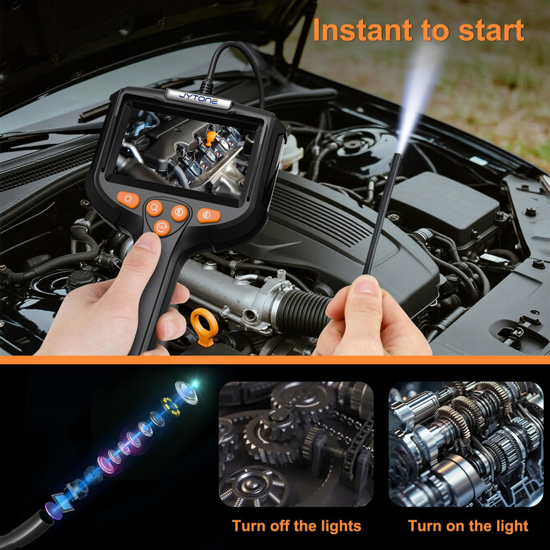 Borescope with Light, 4.3-Inch HD Display, 5.5mm Lens, 6.6 ft, Black | IP67 waterproof protection, six dimmable LEDs, over 4-hour rechargeable battery, hook, magnet, and side-mirror accessories 4.3IN-2M