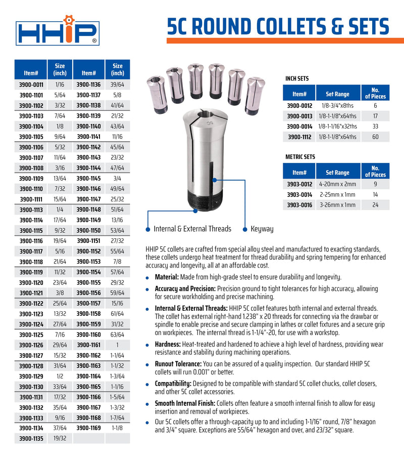 HHIP 3900-1169 5C Round Collet, 1-1/8" 1-1/8" Single