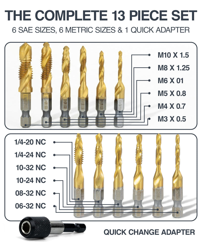 Combination Drill Tap Bit Set, 13-Pcs HSS Titanium-Coated SAE & Metric 3-in-1 Bits for Drilling, Tapping & Countersinking, 1/4" Hex Shank, Quick-Change Adapter, Storage Case for Metal, Wood Drill and Tap Bit Set 13pcs