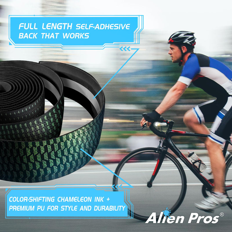 ALIEN PROS Set of 4 Green & Silver Chameleon Bike Handlebar Tape - Elevate Your Ride with Stylish, Comfortable, and Color-Shifting PU Tape for Enhanced Grip with These Bicycle Handle bar Tape
