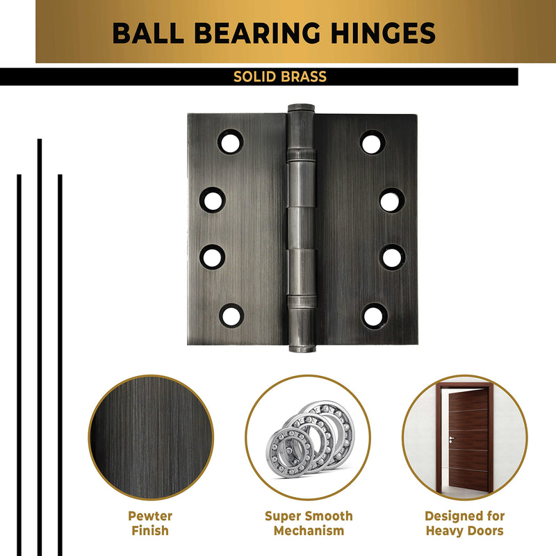 Solid Brass Door Hinge Heavy Duty Ball Bearing Polished 4x4 Inch - Set of 2 Hinges (Pewter) Pewter