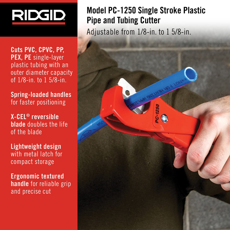 [Australia - AusPower] - RIDGID 23488 Model PC-1250 Single Stroke Plastic Pipe and Tubing Cutter, 1/8-inch to 1-5/8-inch Pipe Cutter Small 