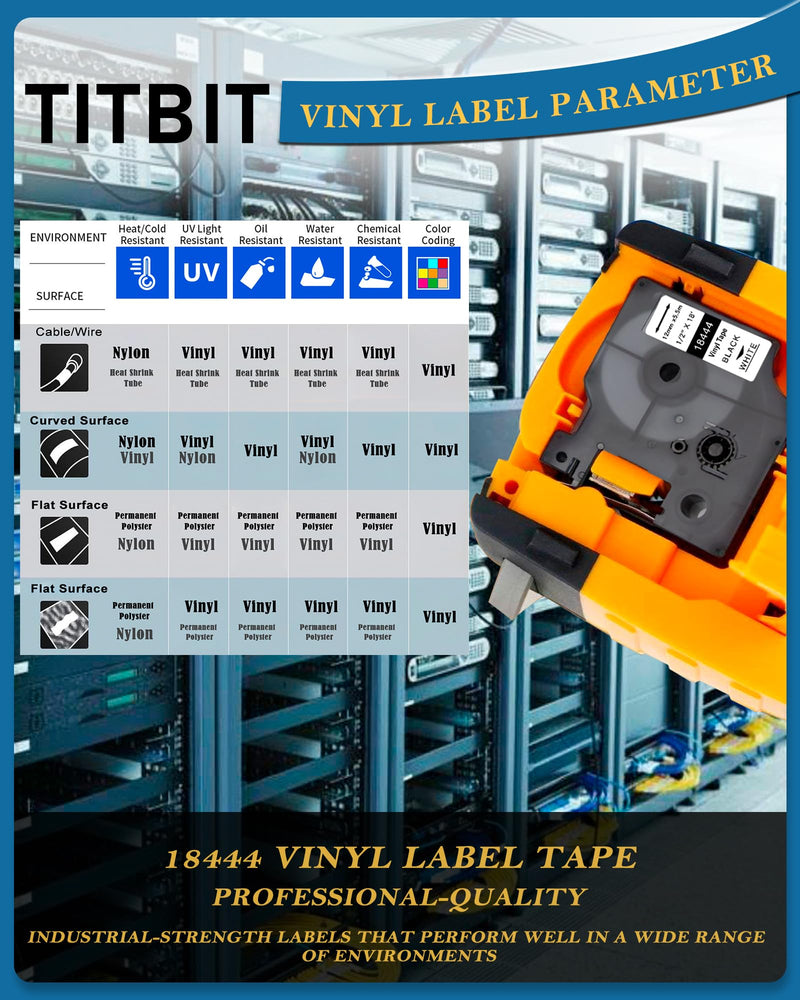 TITBIT 18444 Permanent Vinyl Label Tape 1/2" Replacement for DYMO Rhino 18444 Fit with DYMO Rhino 4200 5200 5000 6000 6500 Industrial Label Maker,12mm(1/2 Inch) x 18 feet Black on White,5 Pack 5