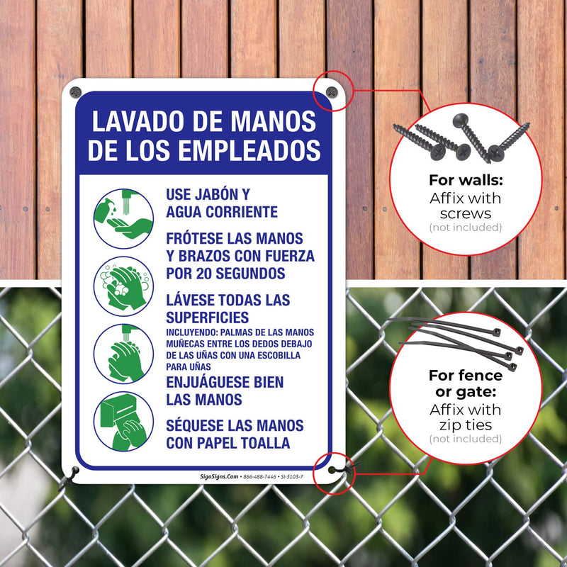 Hand Washing Sign Spanish, 10x7 Inches, Handwashing Instruction Sign, Rust Free 0.40 Aluminum, Fade Resistant, Easy Mounting, Indoor/Outdoor Use, Made in USA