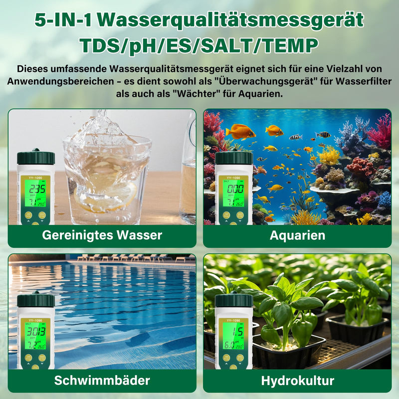 5-in-1 pH Value Meter, Multifunctional Salt Content/pH/EC/TDS/Temperature Meter Water, PH Tester for Drinking Water, Hydroponics, Pool, Spa | Multifunktions Messgerät Wasser, PH Tester für Trinkwasser, Hydrokultur, Pool, Spa 5 IN 1(B)