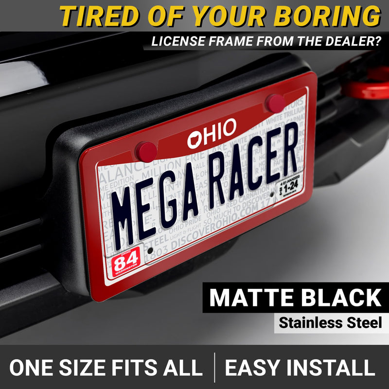 Premium Slim Red License Plate Frames – 2 Pack, Rust-Free Stainless Steel, Street Legal & Rattle-Free, Universal Fit with Screw Caps, Sleek Thin Metal Front & Rear Car Tag Holders for Men & Women 2 Piece