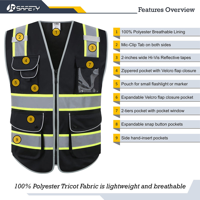 JKSafety 9 Pockets Hi-Vis Black Color Zipper Front Safety Vest Fluorescent Yellow Strips outlining the Reflective Tapes ANSI/ISEA Class 1 (901-Black, Medium) Black Yellow Strips