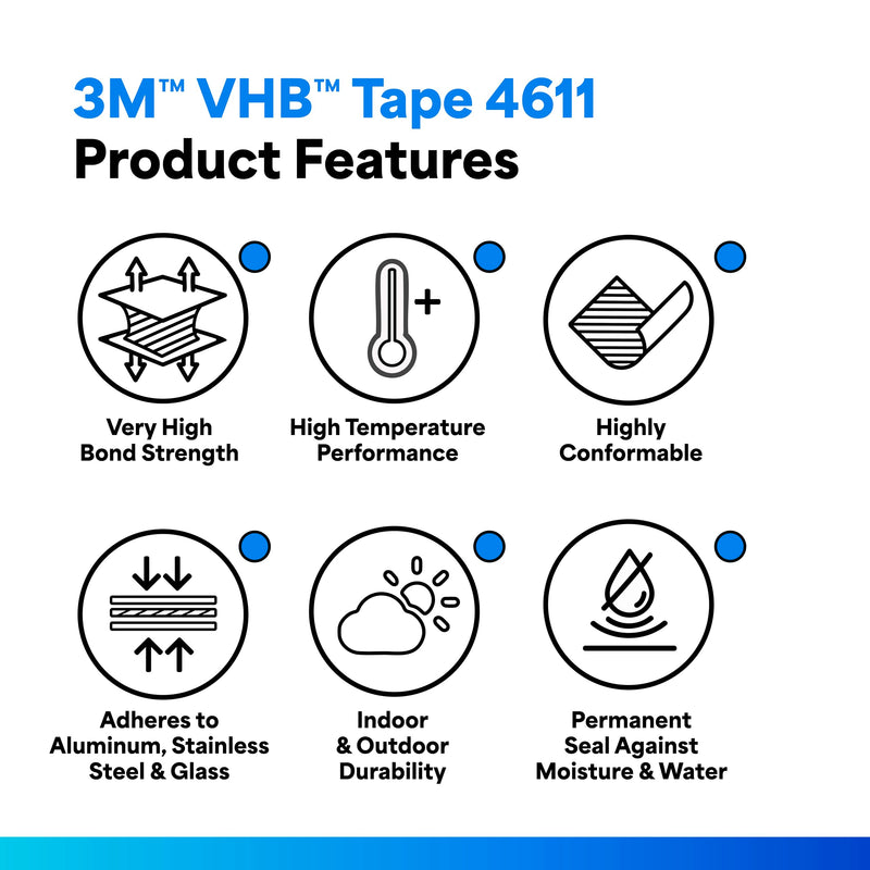 3M VHB Foam Tape 4611, 2" x 5 yards, Dark Gray, Double-Sided, Permanent, Long-Term Durability, High Temp Resistant 2 in width x 5 yd length