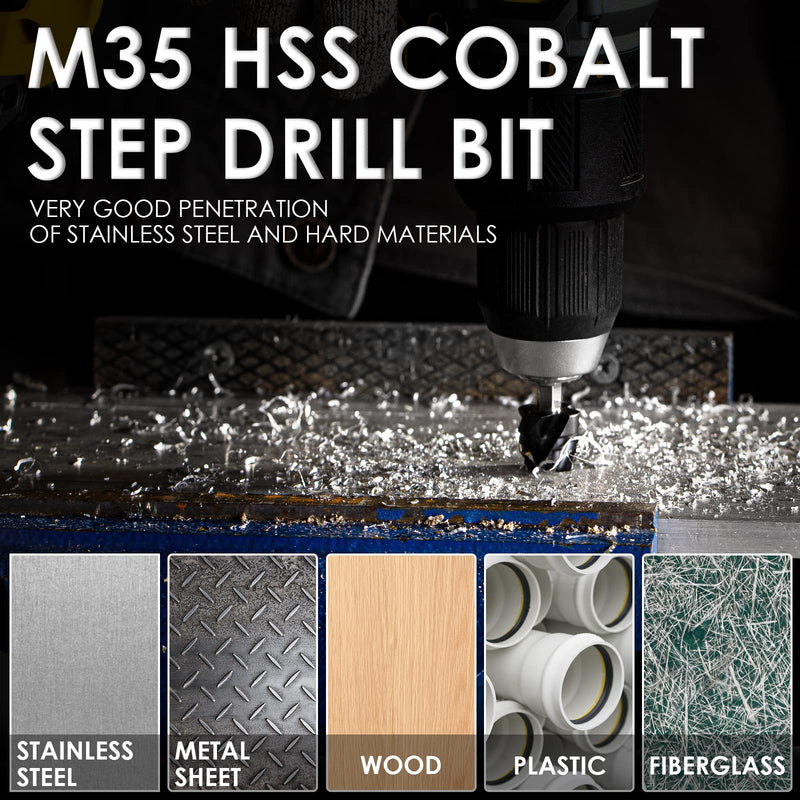 Matework M35 Cobalt Step Drill Bit Set, Four Spiral Flute Unibit Step Drill Bits (1/8"-7/8") Wear-Resistant TiAlN Coated, 1/4" Hex Shank for Metal, Carbon Steel, Stainless Steel, Wood, Plastic (3Pcs) 1/8"-7/8"