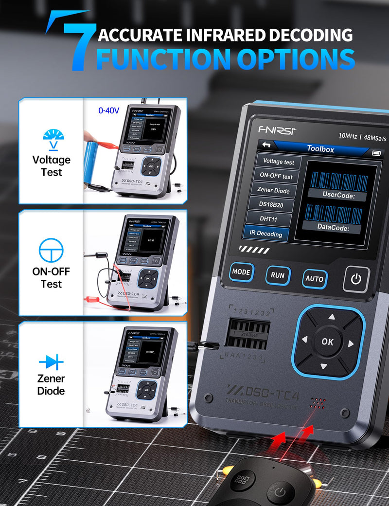 FNIRSI DSO-TC4 Handheld Oscilloscope, 10MHz Bandwidth 48MSa/s Sampling Rate Transistor Tester Digital Oscilloscope DDS Signal Generator 3 in 1, Voltage Continuity Zener Diode Triode Component Tester