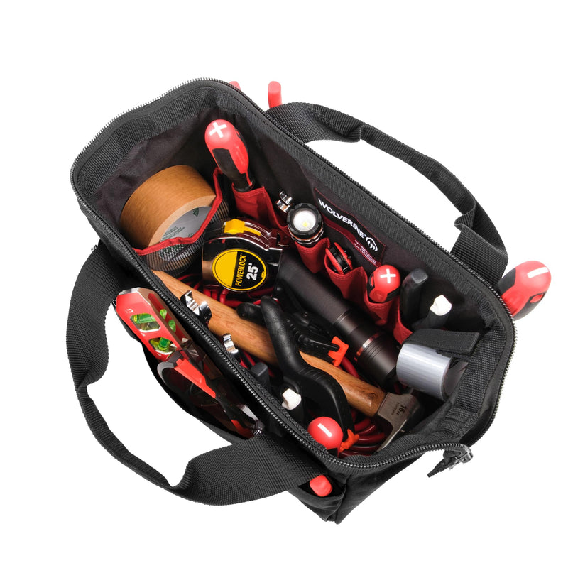 WOLVERINE Tool Bag |Tote | Utility Roll | Durable Nailhead Nylon, Adjustable Straps, and Versatile Pockets 13 Inch 14 Pocket Bag Black