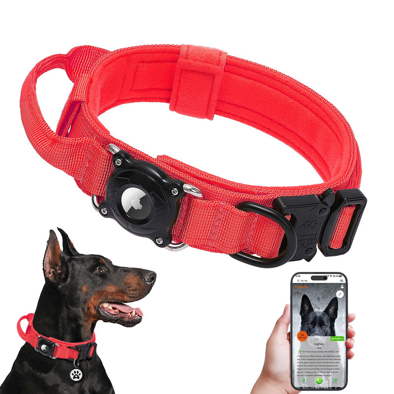 Waterproof AirTag Dog Collar with QR Code ID Tag, Tactical Military Dog Collar with Built-in AirTag Holder, Heavy Duty Metal Buckle & Control Handle, GPS Tracker Collar for Large Dogs (Red, XL) Red XL (20"-23")